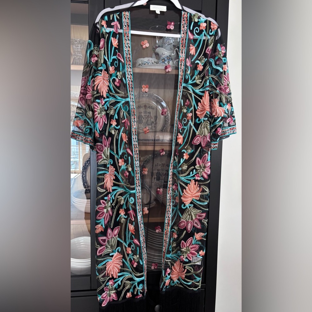 Rebellion kimono Duster embroidered S black sheer long length open front fringe